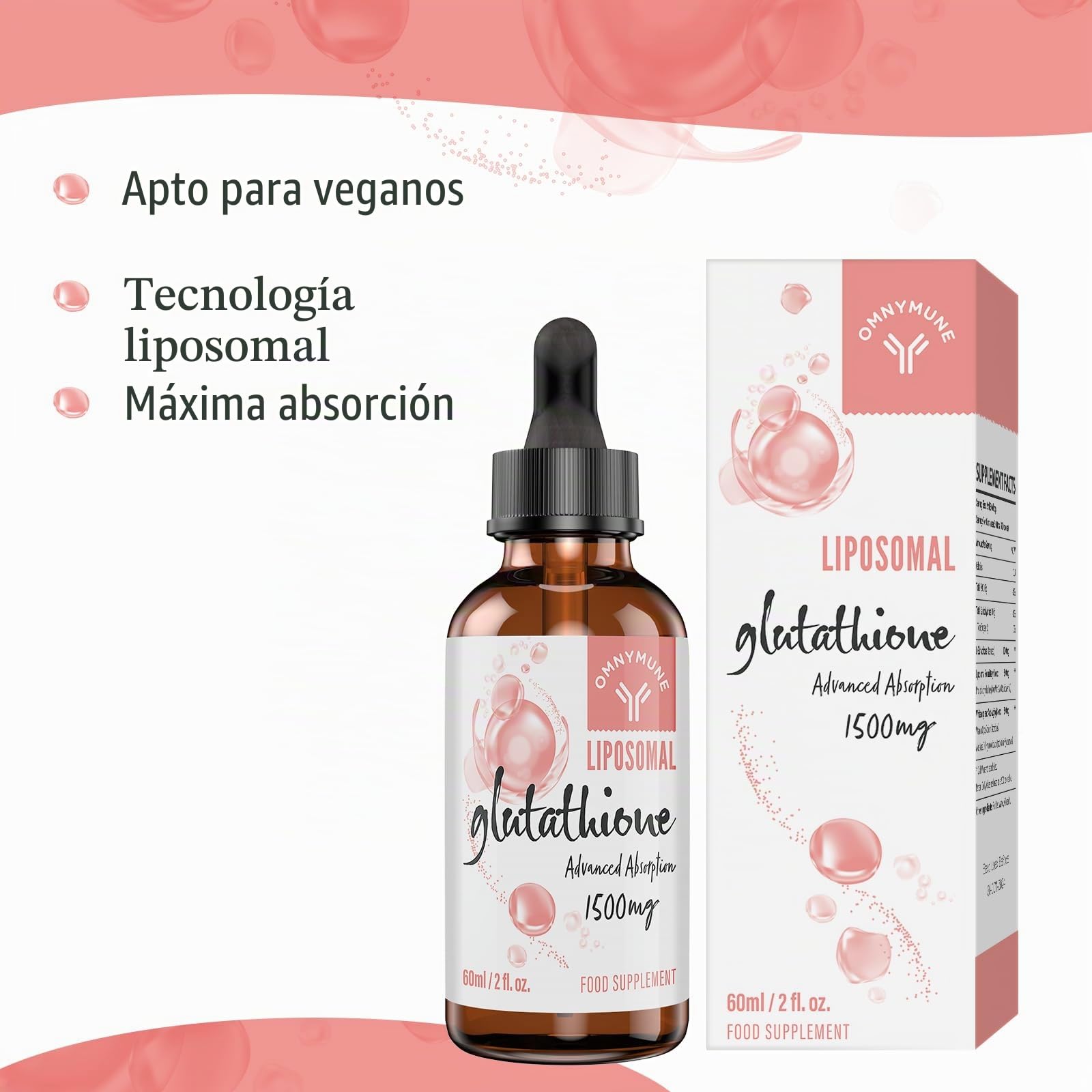 Glutatión Liposomal 1500 mg, Líquido de glutatión Oral con Vitamina C, L-Glutatión reducido (GSH), Vegano 180 ml