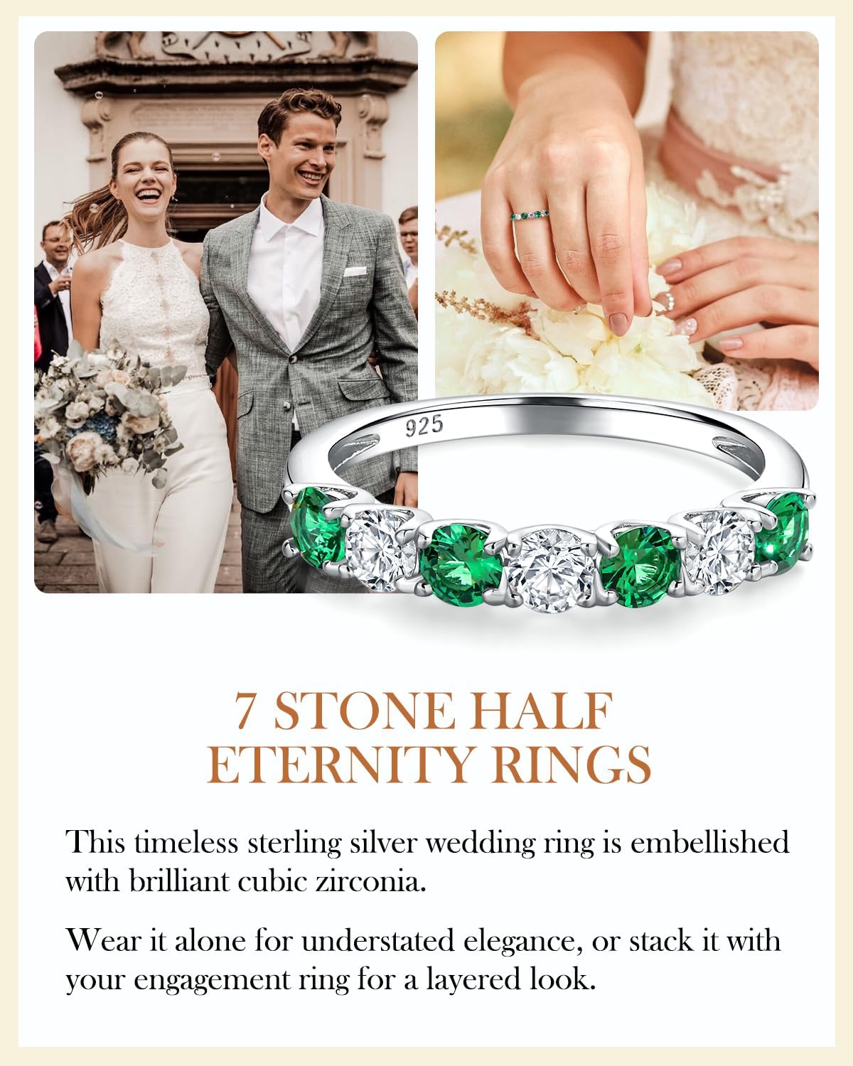 AIBAO Amethyst/Emerald/Ruby/Sapphire Half Eternity Band Rings for Women Sterling Silver Birthstone Stackable Rings Size 6 to 10 Anniversrty Valentines Mother's Day Jewelry Gift with Box - Image 4