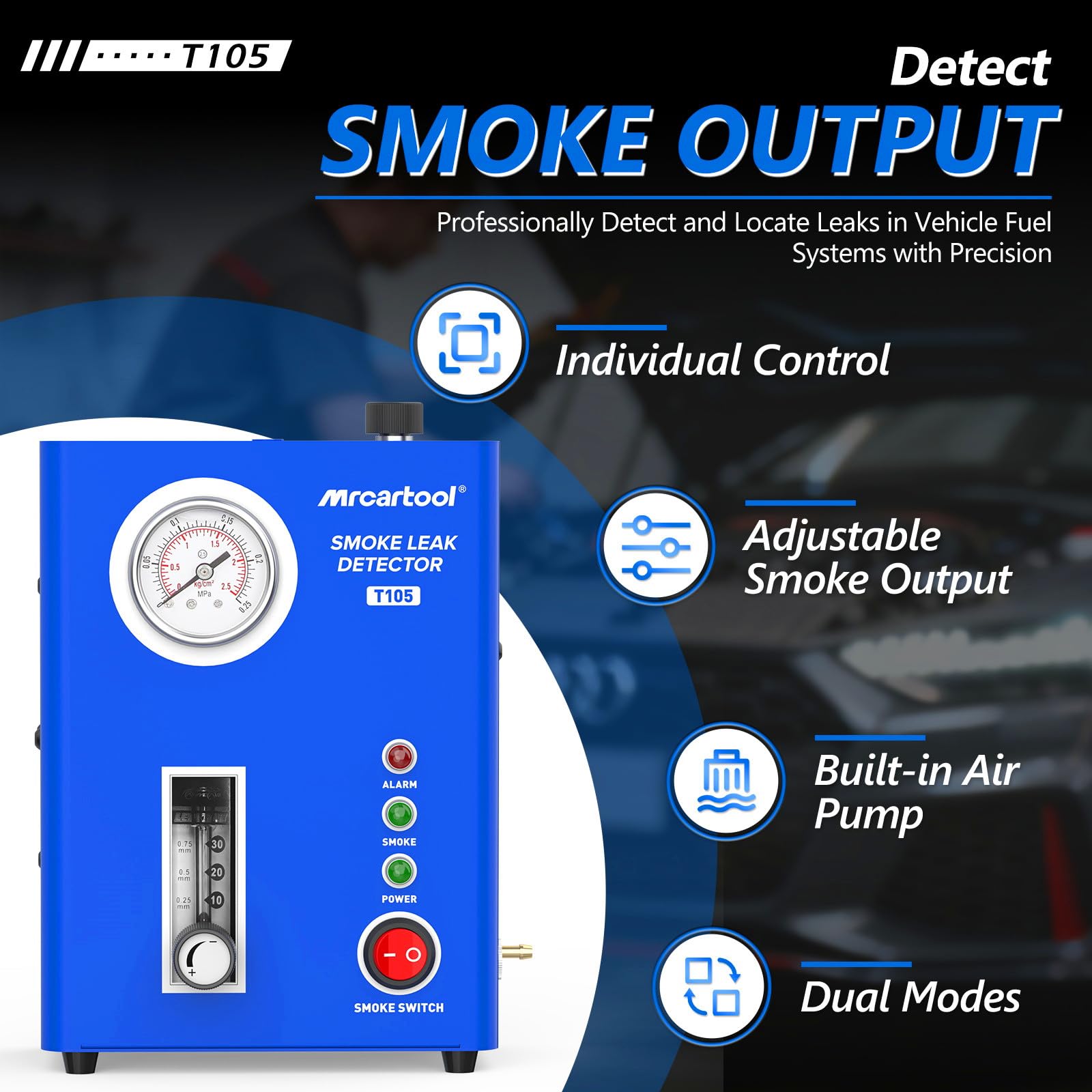 BELEY T105 Detector de Fugas de Humo automotriz con Bomba de Aire integrada, Probador de vacío EVAP con manómetro, para Sistemas de tuberías y carburante, Compatible con Coches, Motos y Barcos