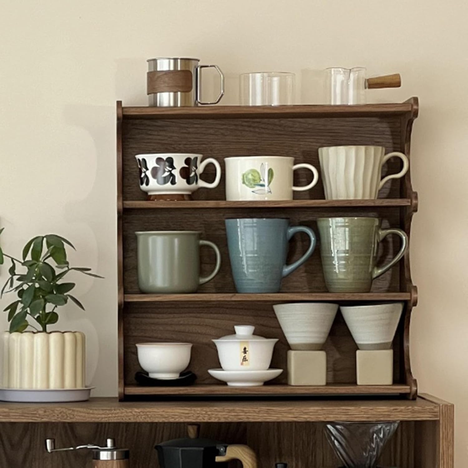 4-Tier Walnut Wood Mug Holder Countertop Cup Organizer Shelf Coffee Station Organizer for Home Kitchen Cafe All occasion