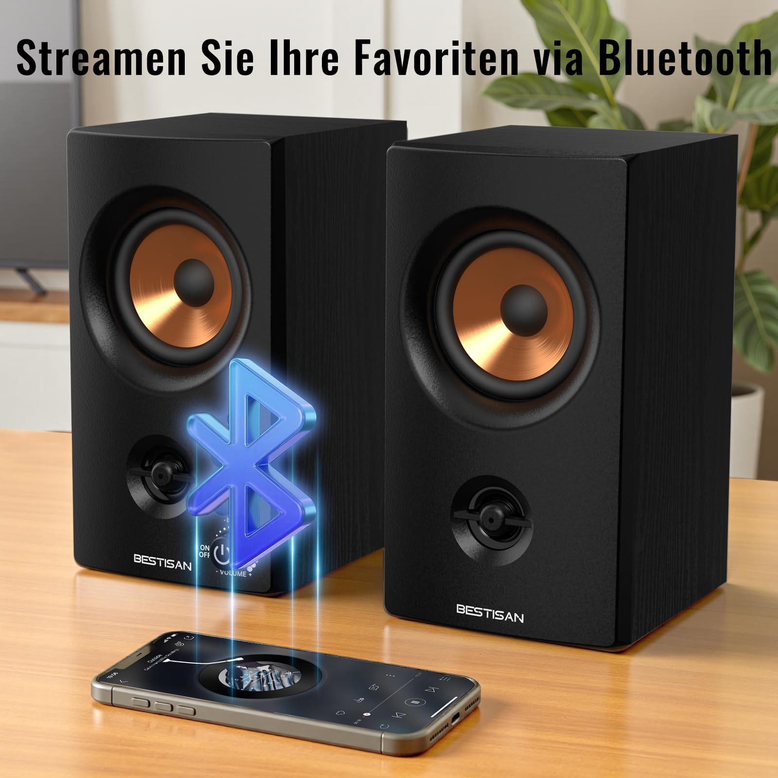 BESTISAN Aktive Regallautsprecher mit Bluetooth- und RCA-Eingang | HiFi-Klang für PC, Desktop, Gaming | Kompakte Holz-Lautsprecher, 7,6 cm (3 Zoll)