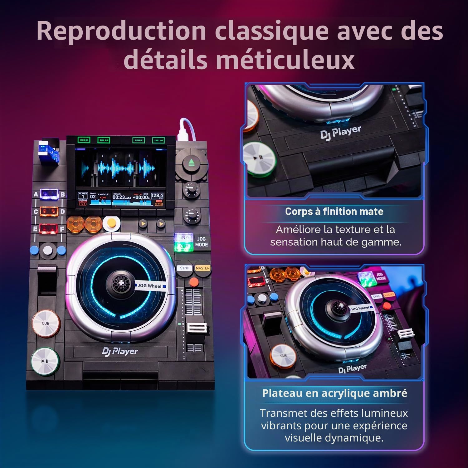 PANTASY Contrôleur DJ - Platine disque DJ - Kit de construction avec lecture de musique Bluetooth - Double modes d'éclairage - Support réglable - Modèle de décoration de bureau interactif pour enfants