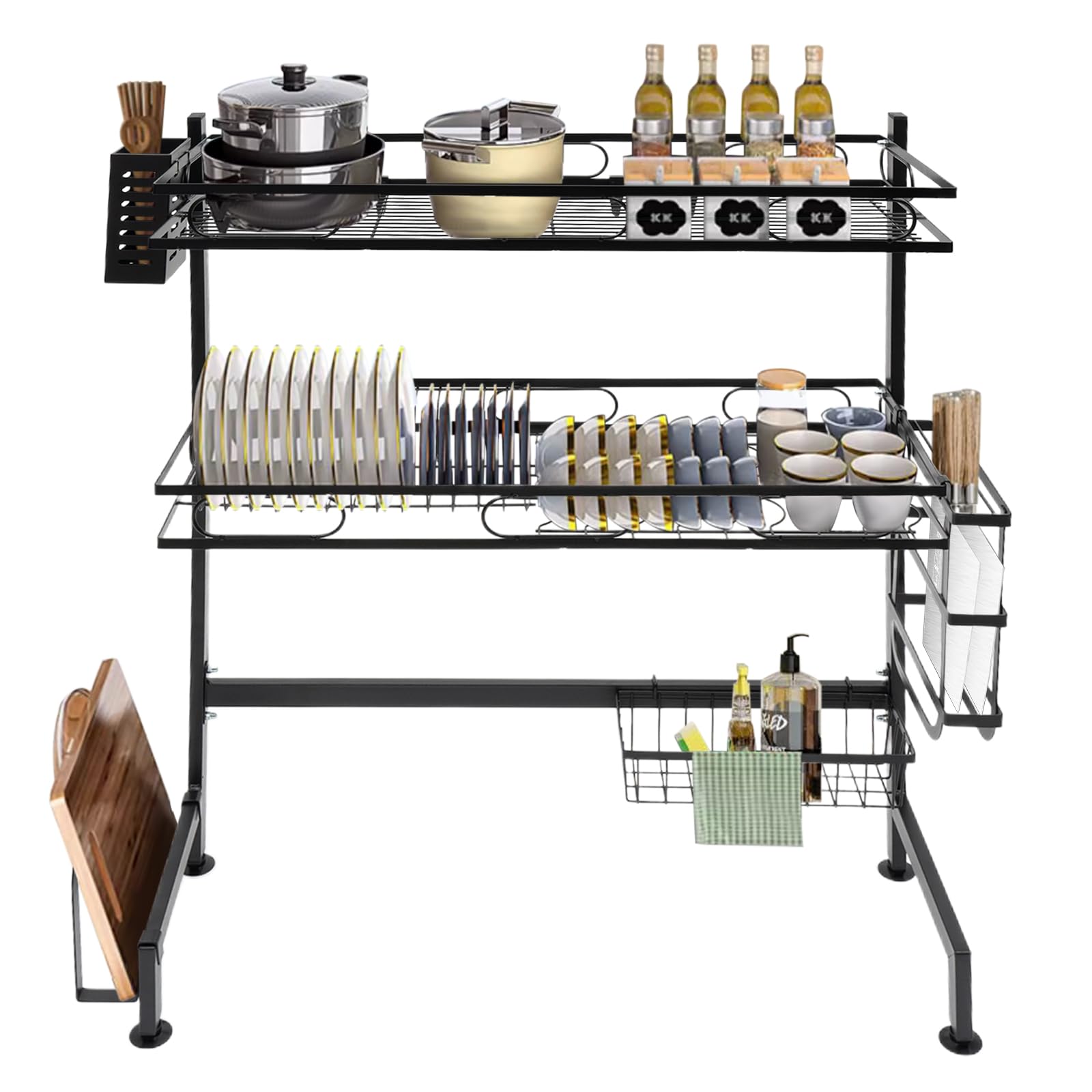 Geschirr Abtropfgestell Über Spüle Rostfreie Geschirr Abtropfgitter Abtropfschale Küchen Organizer mit Utensilienhalter Schneidebretthalter Messerblock Schwarz (62 cm)