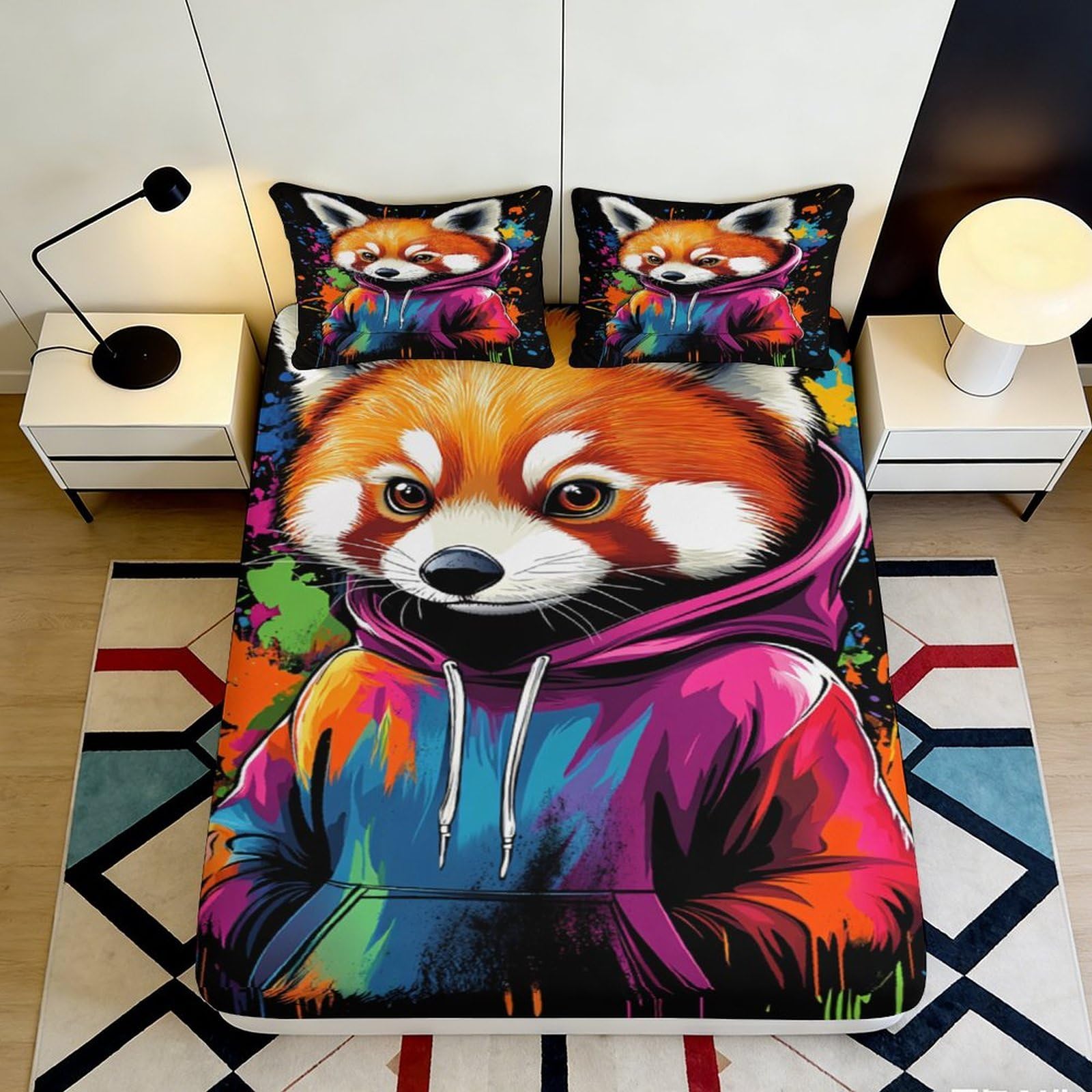 3D Printed Red Panda Graffiti Fitted Sheet Microfiber Soft Mattress Cover for Bedroom Dorm Bed Decor Easy Care 90x200x25cm