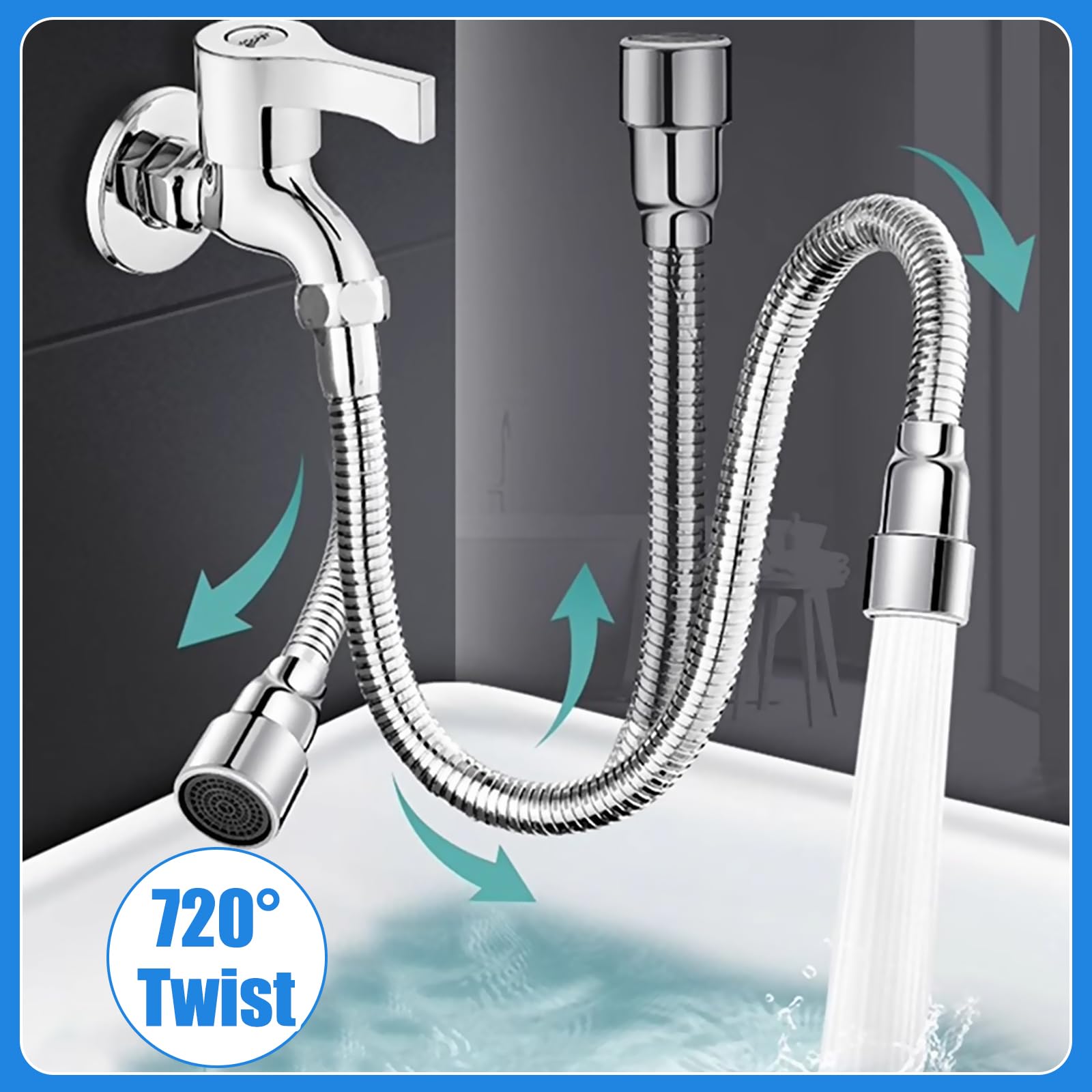 Extensor Grifo, Extensión de Grifo Cocina 30 cm Inoxidable, Extensor de Tap Giratorio de 720° Grados, Con Adaptador de Rosca de Transferencia y Junta Antifugas, para Baños y Cocinas