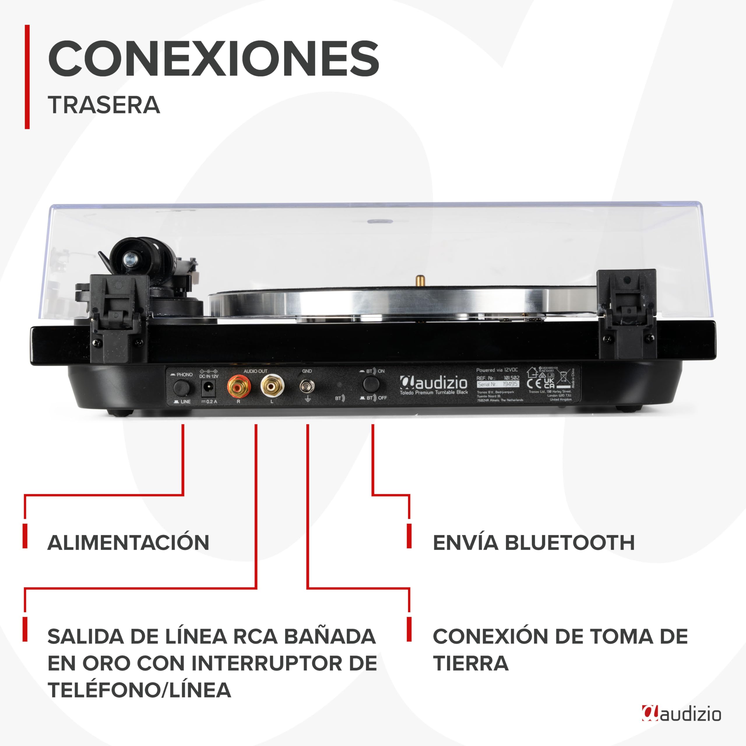 Audizio Toledo - Tocadiscos con Bluetooth Acabado Negro 33/45 RPM estéreo | Bluetooth y salida RCA incorporados, cápsula Audio Technica, sonido estéreo, para digitalizar tu colección de discos