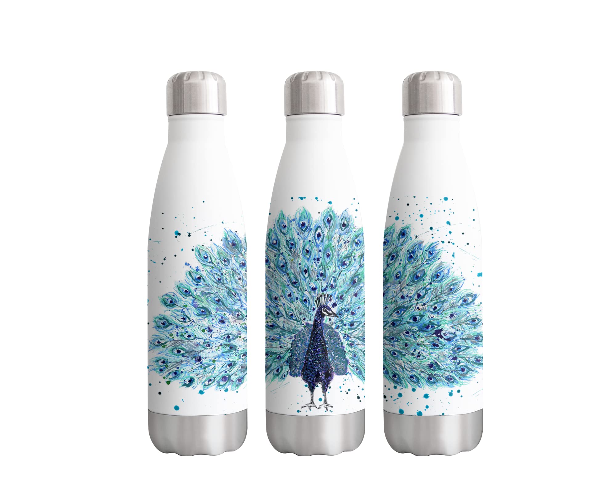 Vixar Peacock Bird Watercolour rainbow art Bottle double Wall insulated Stainless steel sport Drinks 500ml WHITE Gift ideal for school work office Oudoor sports keeps Hot and Cold Drinks