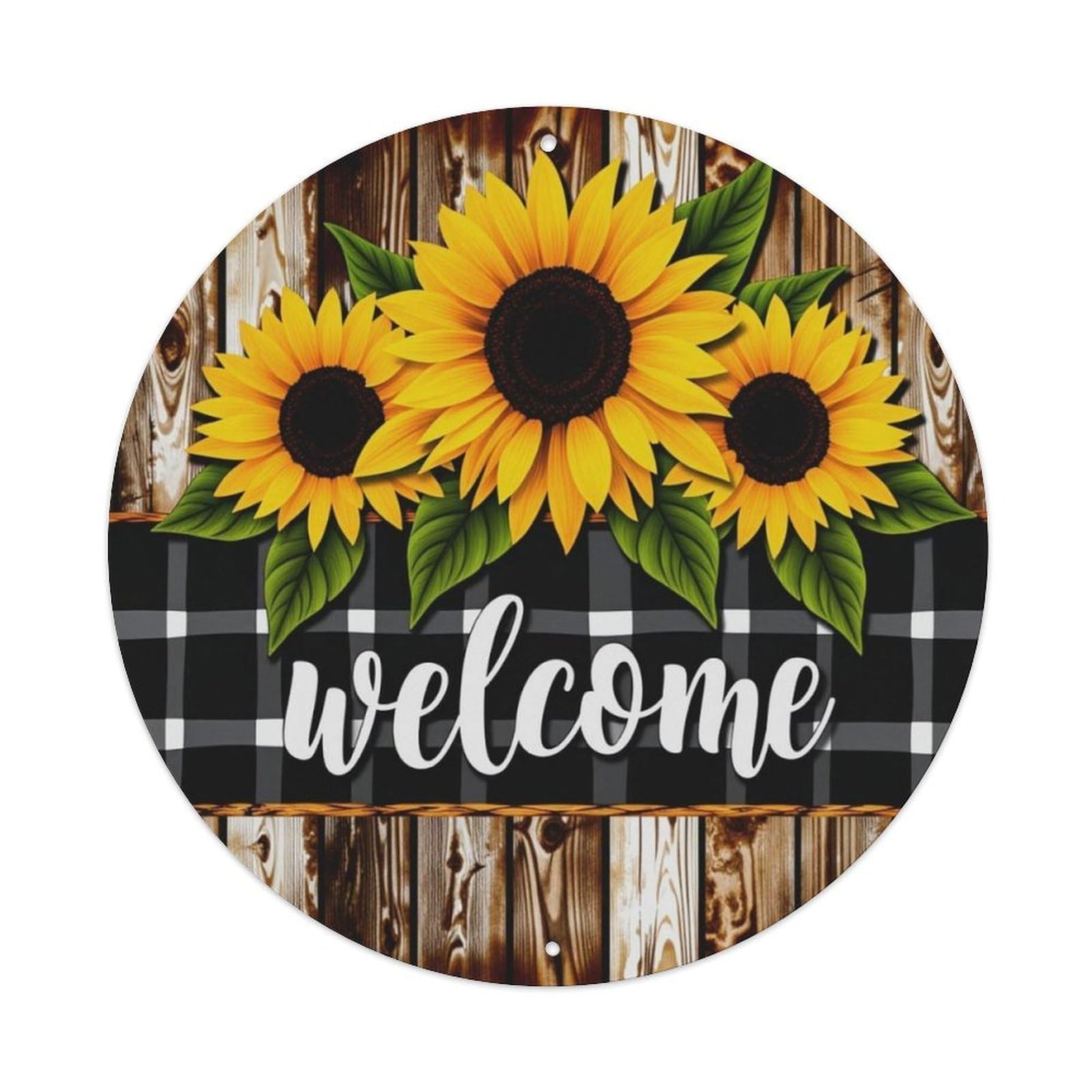 Buffalo Plaid Wood Sunflower Welcome Round Decor Sign Vintage Aluminium Metal Sign, Retro Wall Decor for Home, Bar, Garage & Farmhouse 20x20cm