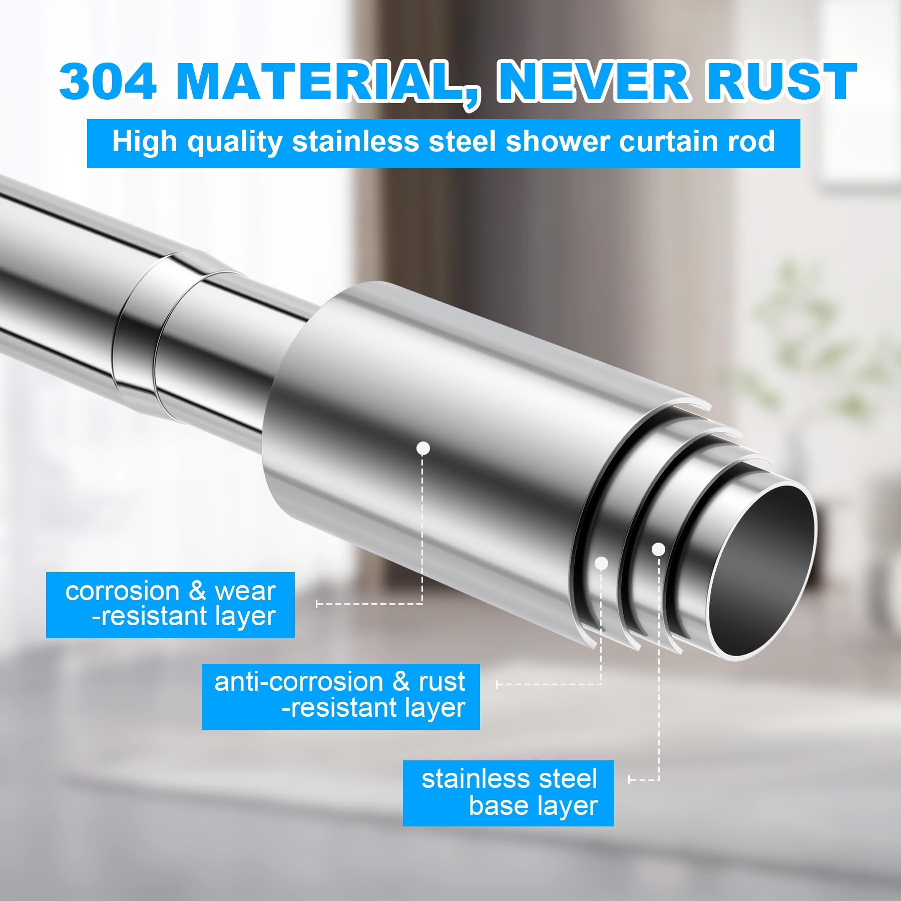 Feilays Duschvorhangstange Edelstahl - Spannstange 50-80cm Ohne Bohren, Trägt 16kg