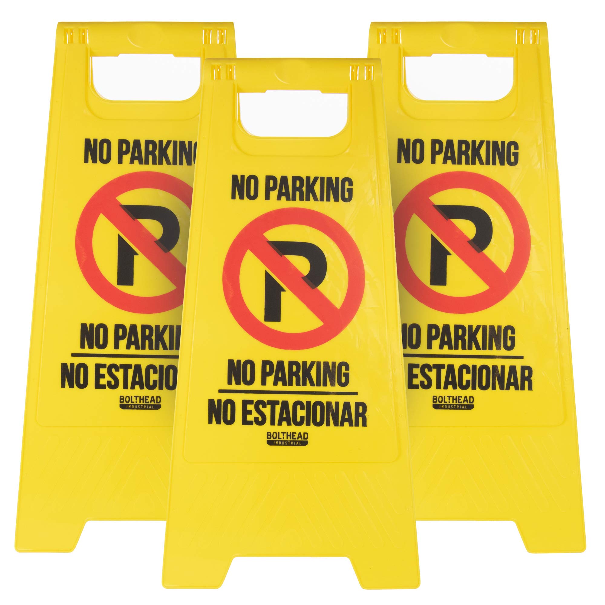 No Parking Signs, 3-pack – Double-Sided, Portable, Fold-Out, High-Visibility Yellow Outdoor Floor Signs - Includes English & Spanish No Estacionar Message - Driveways, Reserved Parking & Business Lots