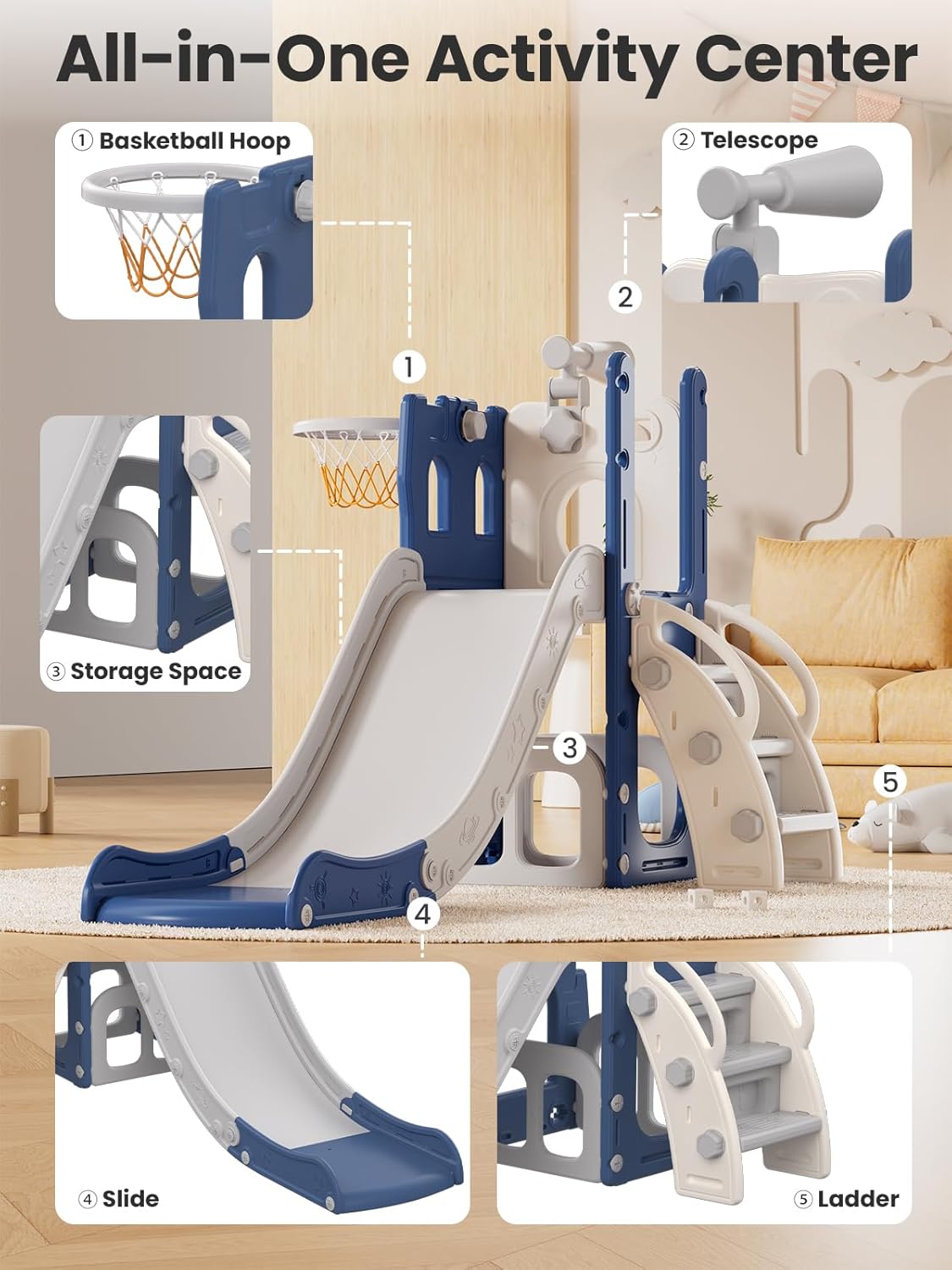 Kids Slide Playset with Basketball Hoop & Telescope, Indoor Outdoor Toddler Slide and Climber for Boys and Girls, Playground Toy, Fun Playset Gift for Kids