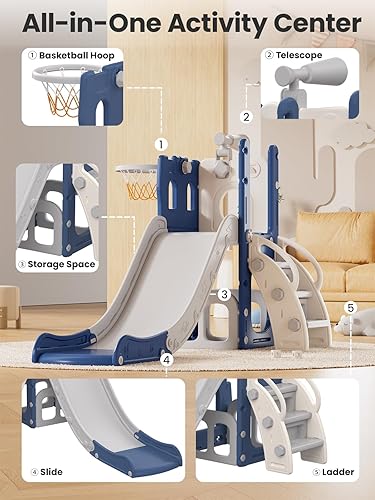 Miniatura 2 de Juego de tobogán para niños con aro de baloncesto y telescopio, tobogán y escalador para niños y niñas, juguete de patio de recreo, divertido juego