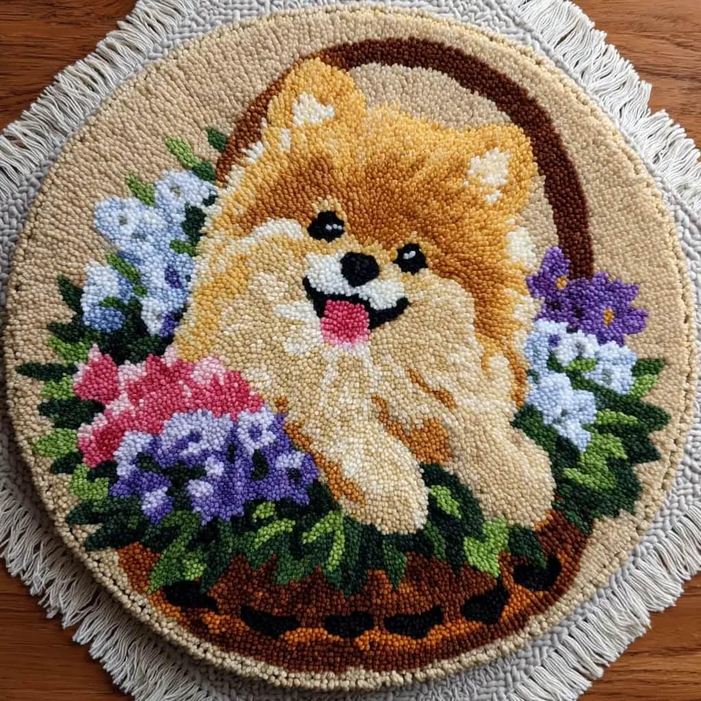 Round Latch Hook Rug Kits Pomeranian For Adults And Starter 50*50Cm