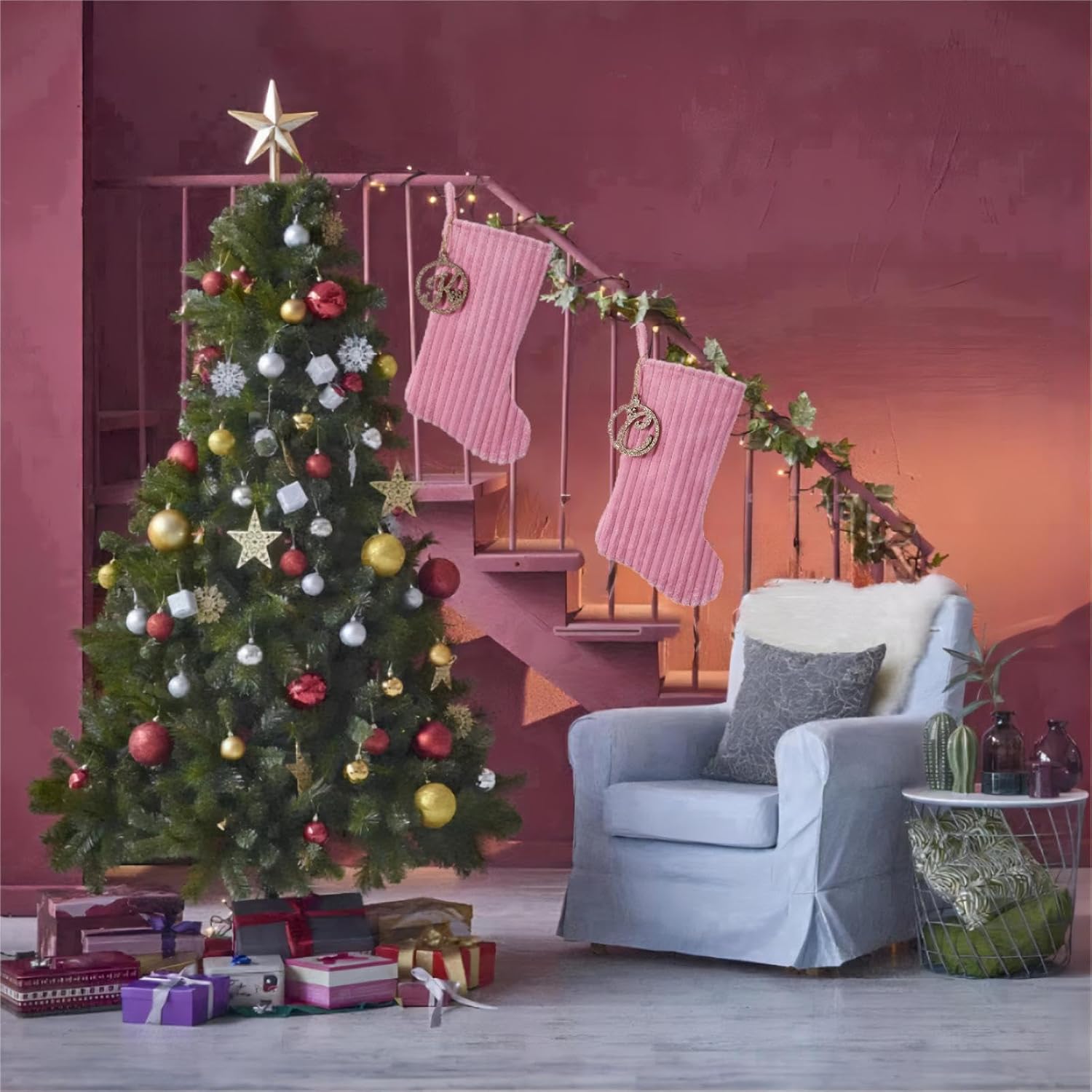 19.5 Inch Embossed Stripe Christmas Stocking,Personalized Xmas Stocking with Gold Wooden Initial Monogram,Fireplace Christmas Party Decoration and Xmas Gift(Pink,Letter A) - Image 5