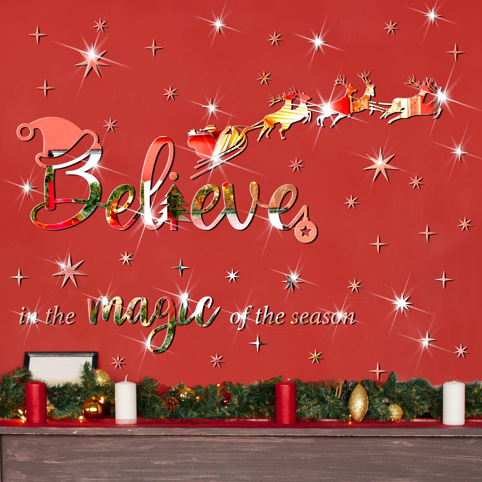 Christmas Acrylic Wall Decals Believe Quote Stickers 3D DIY Mirror Stickers Christmas Christ Wall Decor Acrylic Reindeer Snowflakes Window Clings Decal for Home Window(Silver)