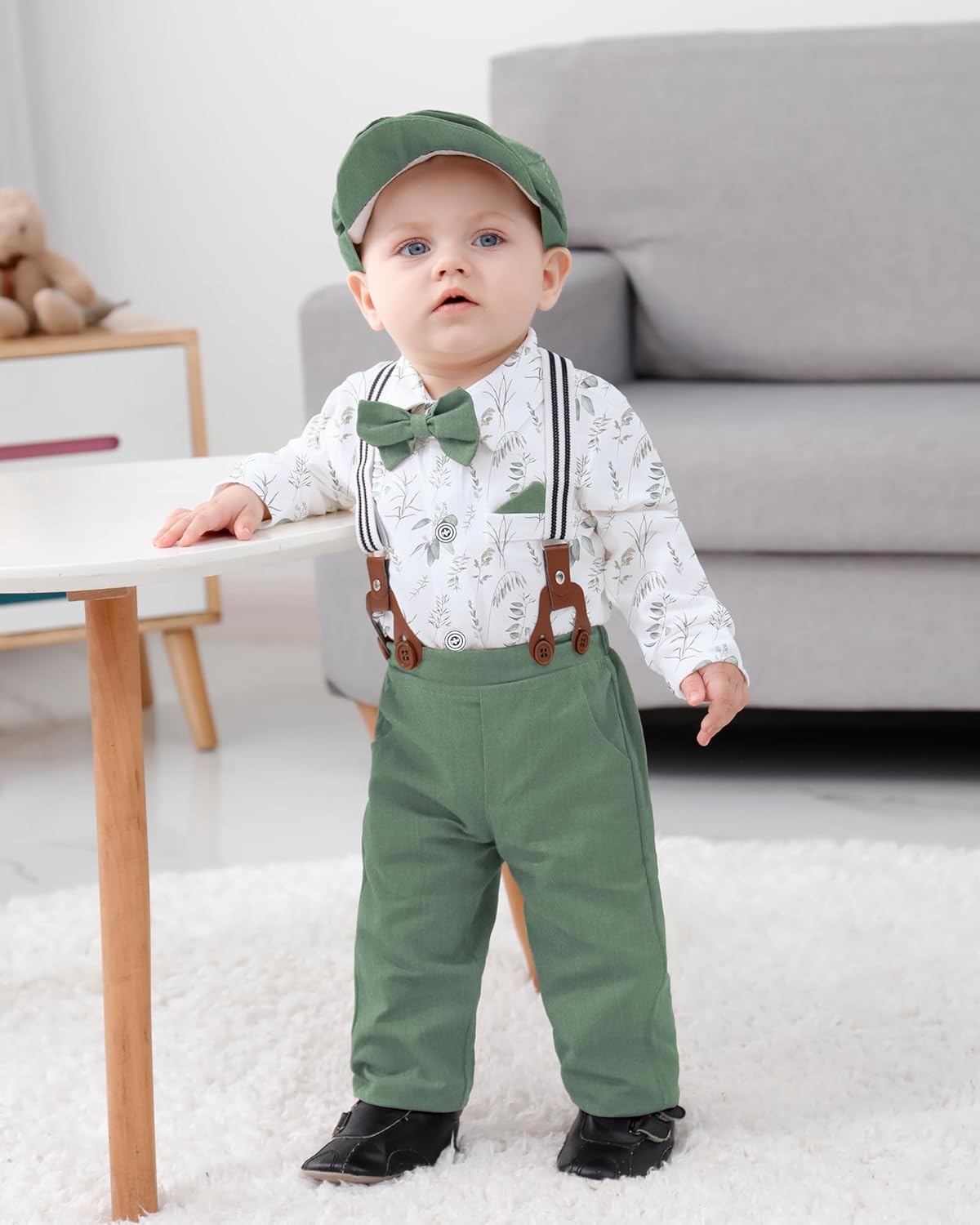 WESIDOM Baby Boy Clothes 0-18M Newborn Infant Gentleman Outfit, Shirt+Bowtie+Beret+Suspender Pant Baby boy Suit Clothing Set - Image 3