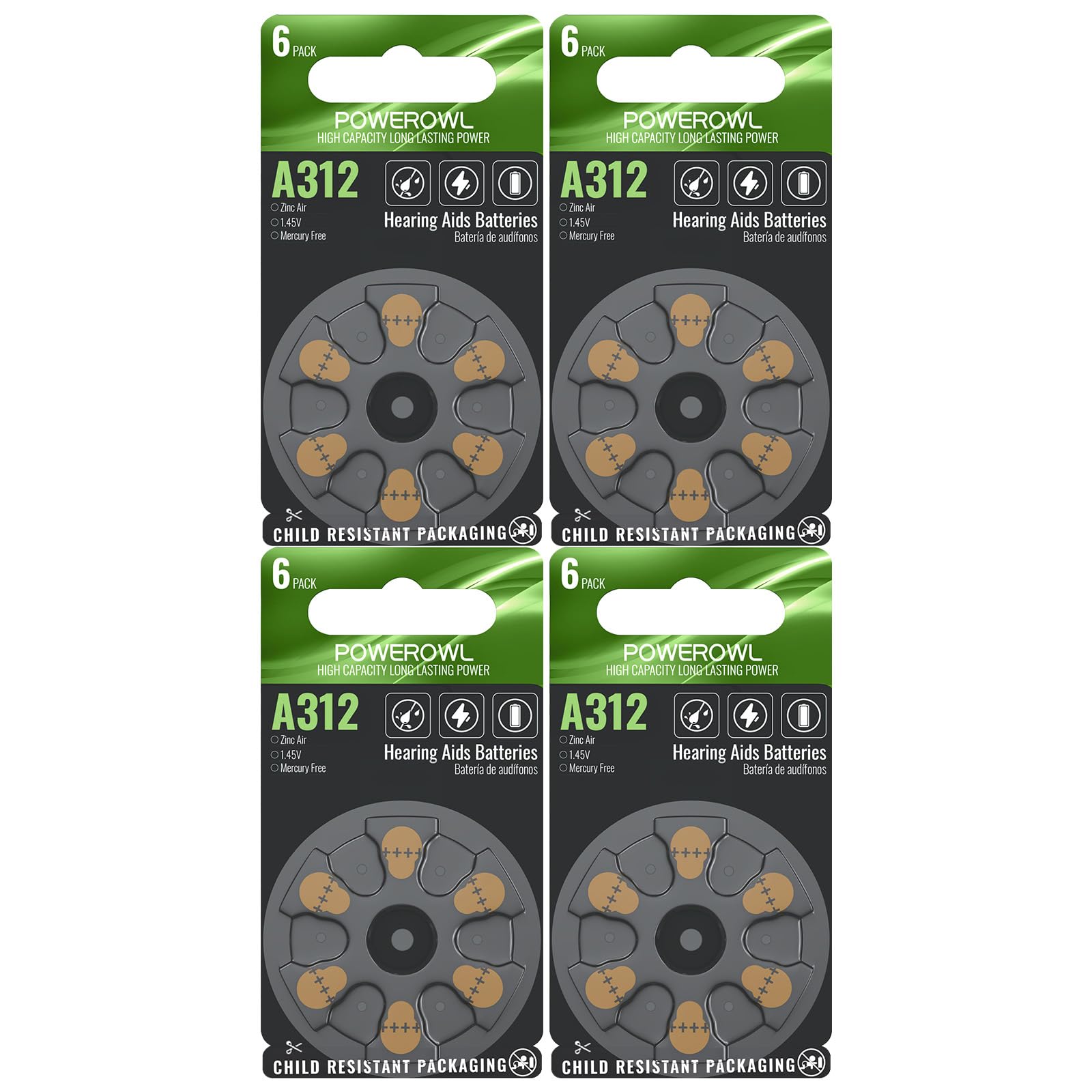 POWEROWL Hearing Aid Batteries Size 312, Long Lasting 312A Battery, 24 Count