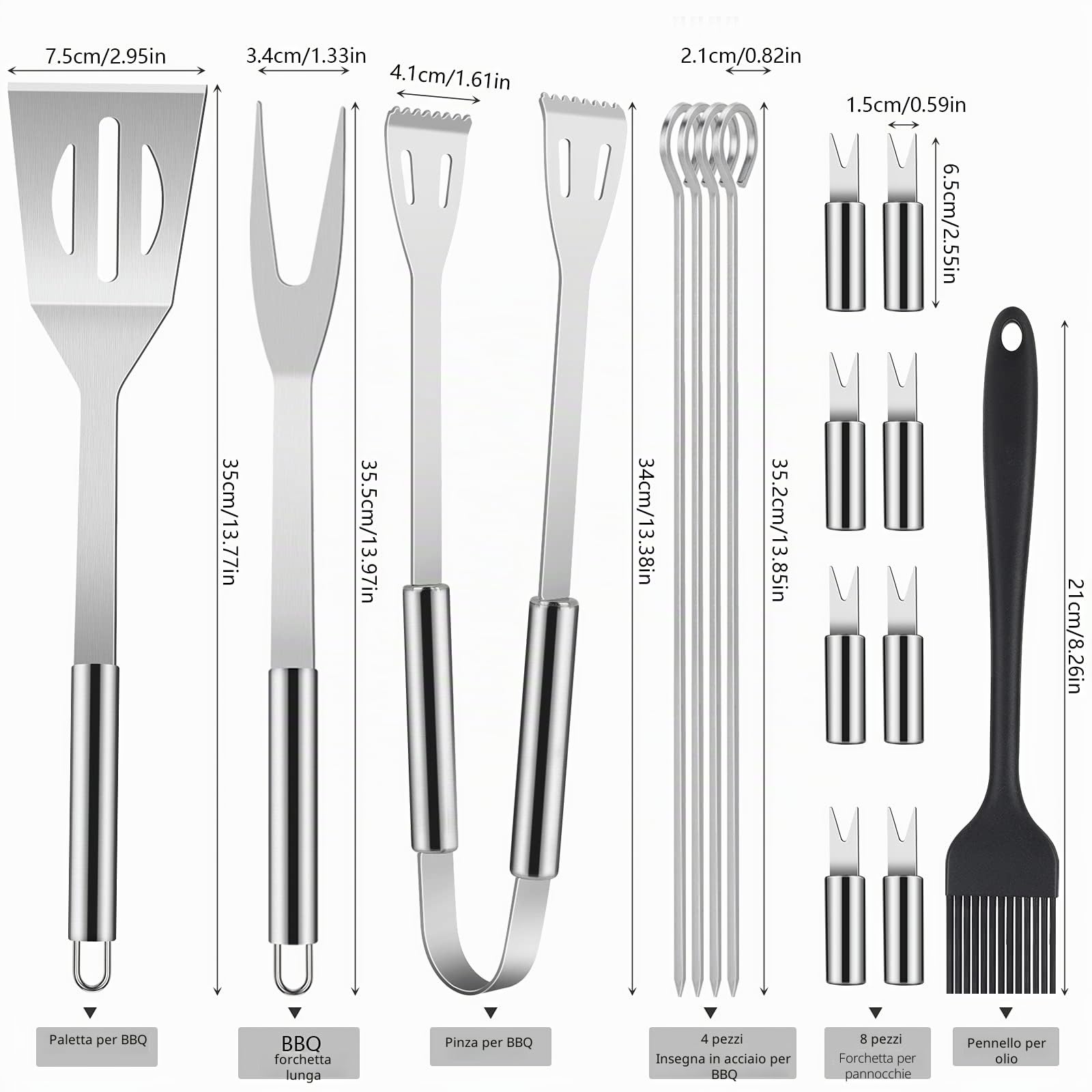 Set di strumenti per barbecue, 16 pezzi, per barbecue, in acciaio inox, per griglia, con scatola di stoccaggio, spatola, forchetta, pinzette, spiedini e pennello per esterni, campeggio, giardino