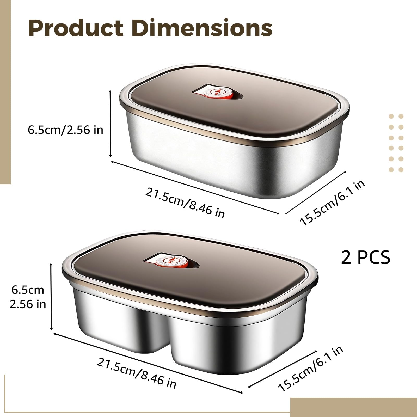 Boîte repas adulte en acier inoxydable 316, lot bento avec 2 compartiments et version simple, récipient à joint silicone, design micro-vide, étanche, 40,6 fl oz, 21,5 x 15,5 x 6,5 cm