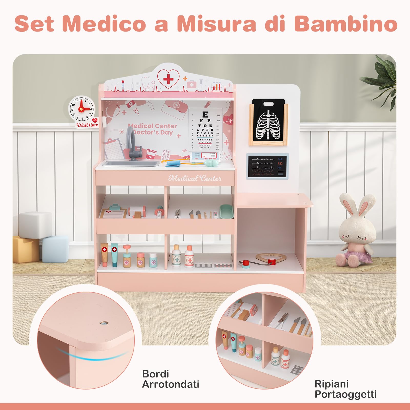 COSTWAY Set da Gioco Dottore in Legno, Centro Medico per Bambini con Orologio, Lavandino, Tabella Oculistica, Monitor ECG, Area Esame e 24 Accessori Giocattolo, 97 × 30,5 × 88 cm (Rosa)
