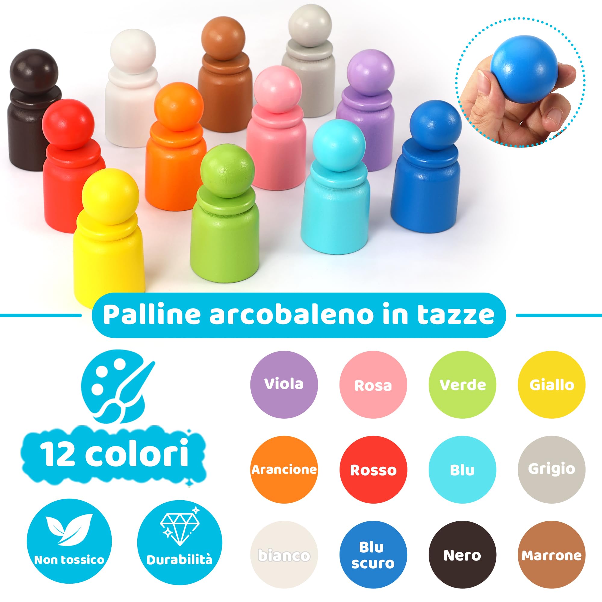 Palla in Tazza Giocattolo montessoriano in Legno per Giochi Legno la la Selezione dei Colori dell'arcobaleno per i Bambini della Scuola Materna - 12 Palle da 40 mm