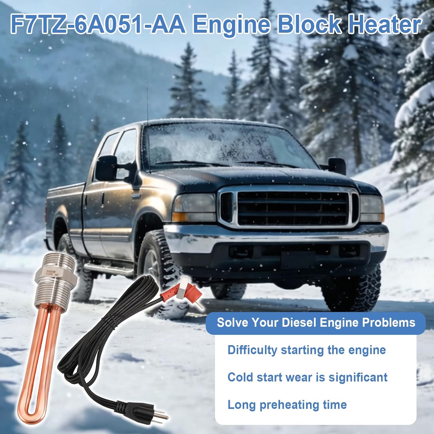 F7TZ-6A051-AA Diesel Engine Block Heater Assembly, Compatible with Ford F250 F350 7.3L Powerstroke Diesel 1995-2003, 120V 1000W 3/4" NPT Cable