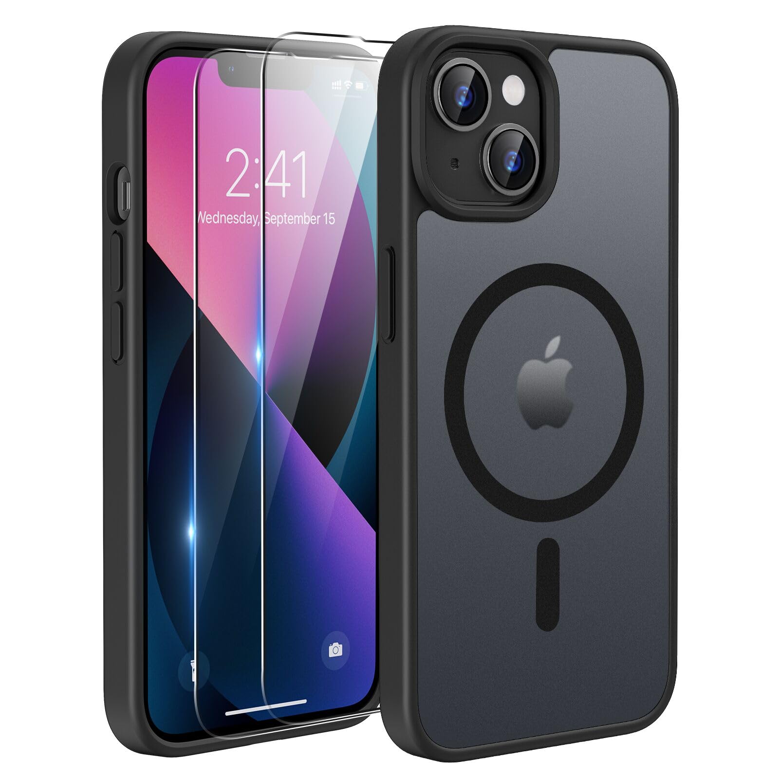 TQIAHF Magnetica Cover per iPhone 13 / iPhone 14 con 2 Pellicola Vetro Temperato Protezione Schermo Compatibile con Magsafe Case Militare Antiurto Sottile Opaca Telefono Custodia,Nero