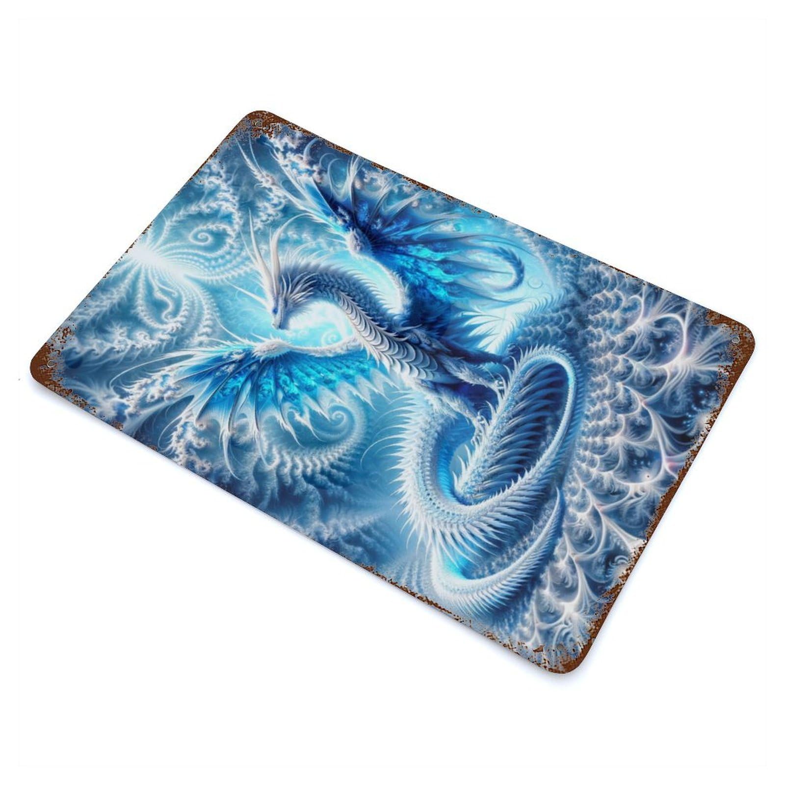 Fractal Frost Dragon Decorative Tin Sign 11.8"x7.9", Retro Wall Decor for Living Room, Hallway And Home Decor