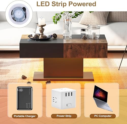 Miniatura 14 de Mesa de centro LED para sala de estar, mesa central rectangular, mesas de centro modernas de madera de alto brillo con luces LED de 16 colores para