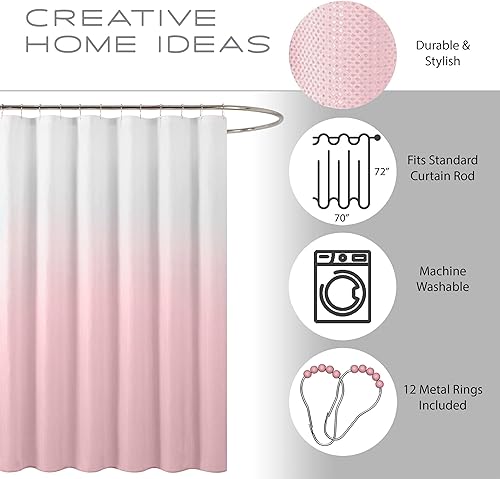 Miniatura 3 de Creative Home Ideas Juego de baño rosa con cortina de ducha y alfombras, juego de forro, 2 tapetes de baño de felpilla y 12 ganchos, 70 x 72