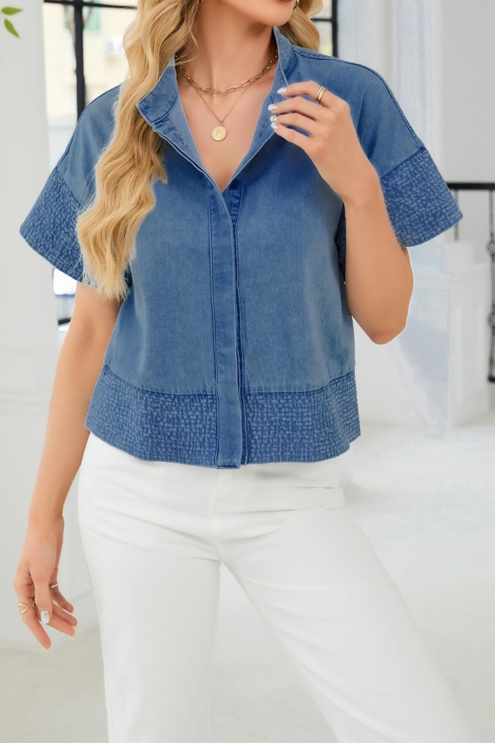 Womens Crop Denim Jacket Short Sleeve Button Down Lightweight Jean Tops Trendy - Image 5