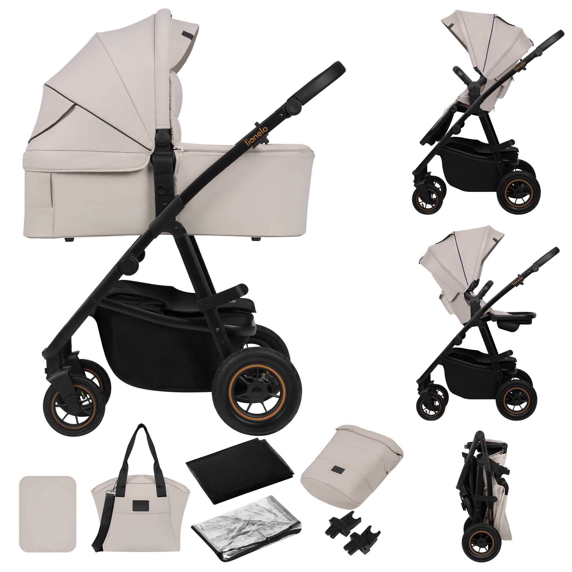 LIONELO AMBER PLUS 2 w 1 Spacerowy Wózek Dziecięcy od 0 do 4 lat do 22kg z Gondolą XL, Regulacja Oparcia, 5 Punktowe Pasy Duże Terenowe Koła 360o Budka XXL Amortyzacja Spacerówka