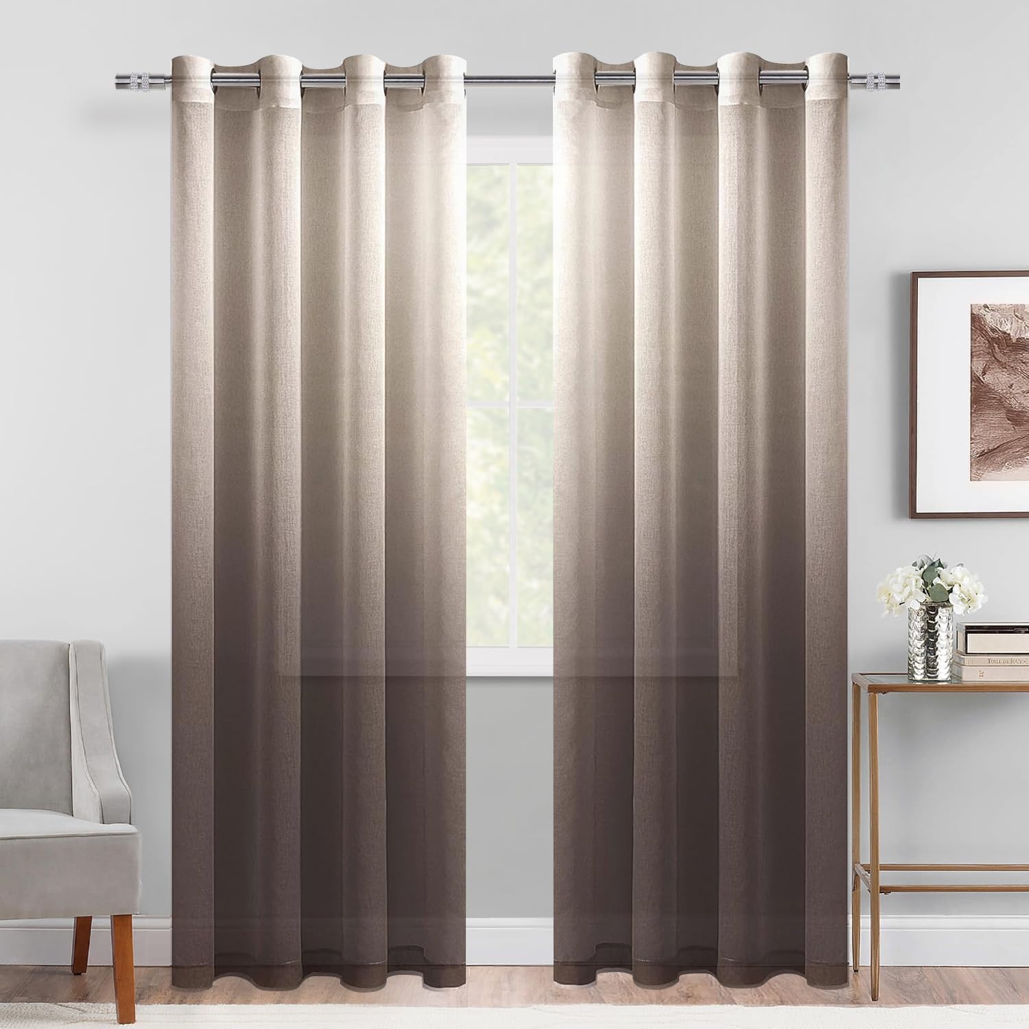 DWCN Faux Linen Ombre Sheer Curtains - Gradient Semi Voile Grommet Top Window Curtains for Bedroom and Living Room, Set of 2 Panels, 52 x 84 Inches Long, Chocolate Brown