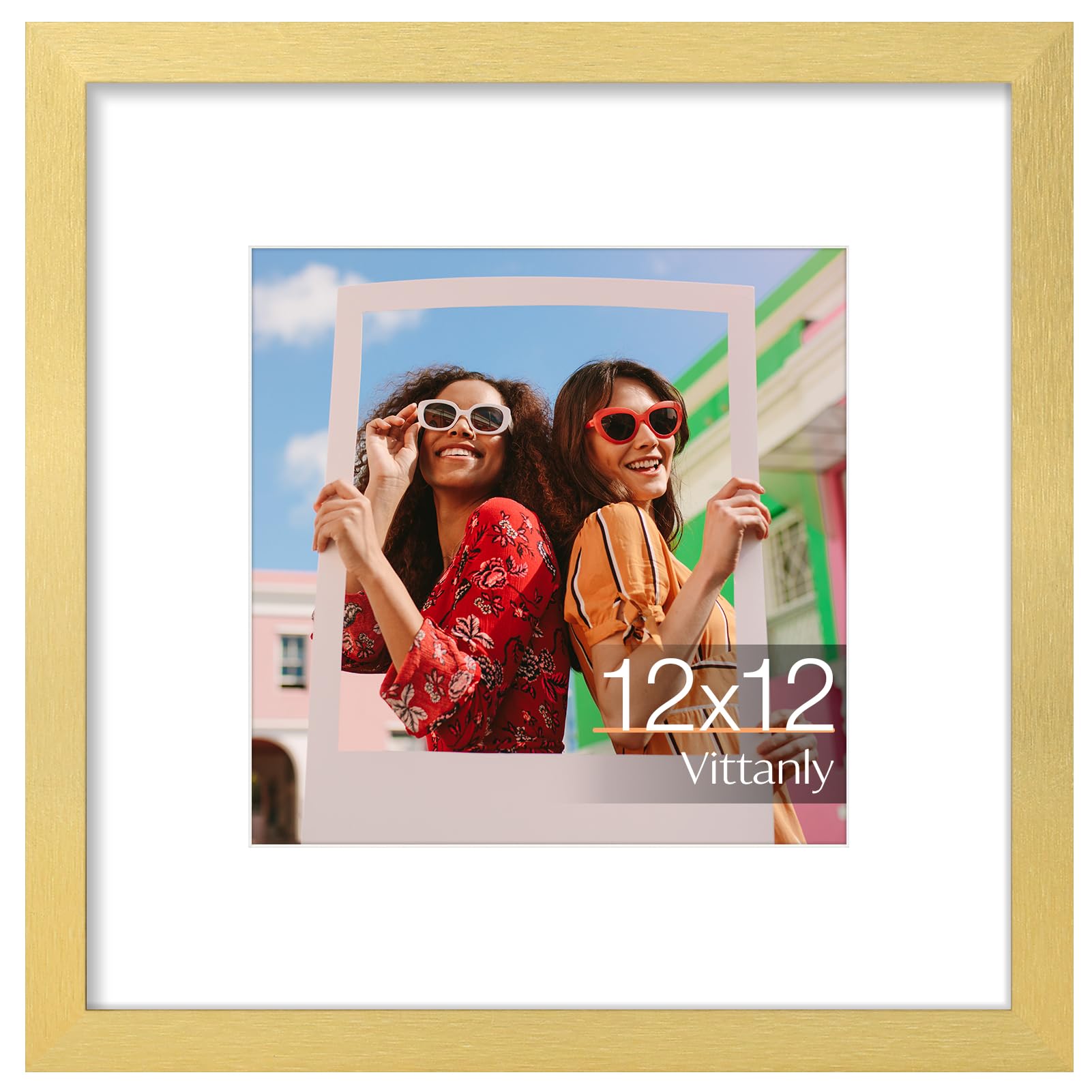 Vittanly 12x12 Picture Frame, Display Pictures 8x8 with Mat or 12x12 without Mat, Engineered Wood with Shatter Resistant Plexiglass, Square Frame for