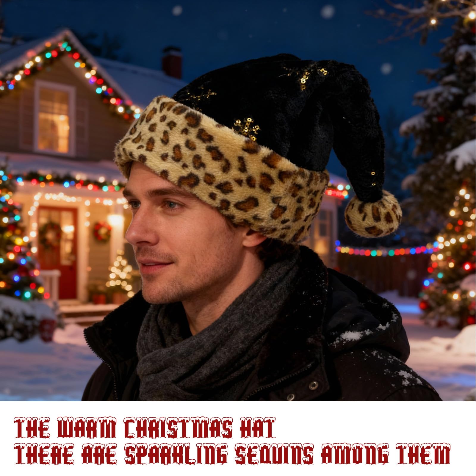 yayafunfun Leopard Print Santa Hat Sparkly Christmas Hats for Adults Kids Father Christmas Hats Costume - Image 4