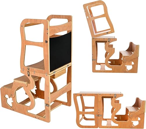 Miniatura 5 de Taburete de cocina de torre para niños pequeños, Montessori de pie con pizarra, taburetes 3 en 1 para la espalda de los niños, aprender cocina de