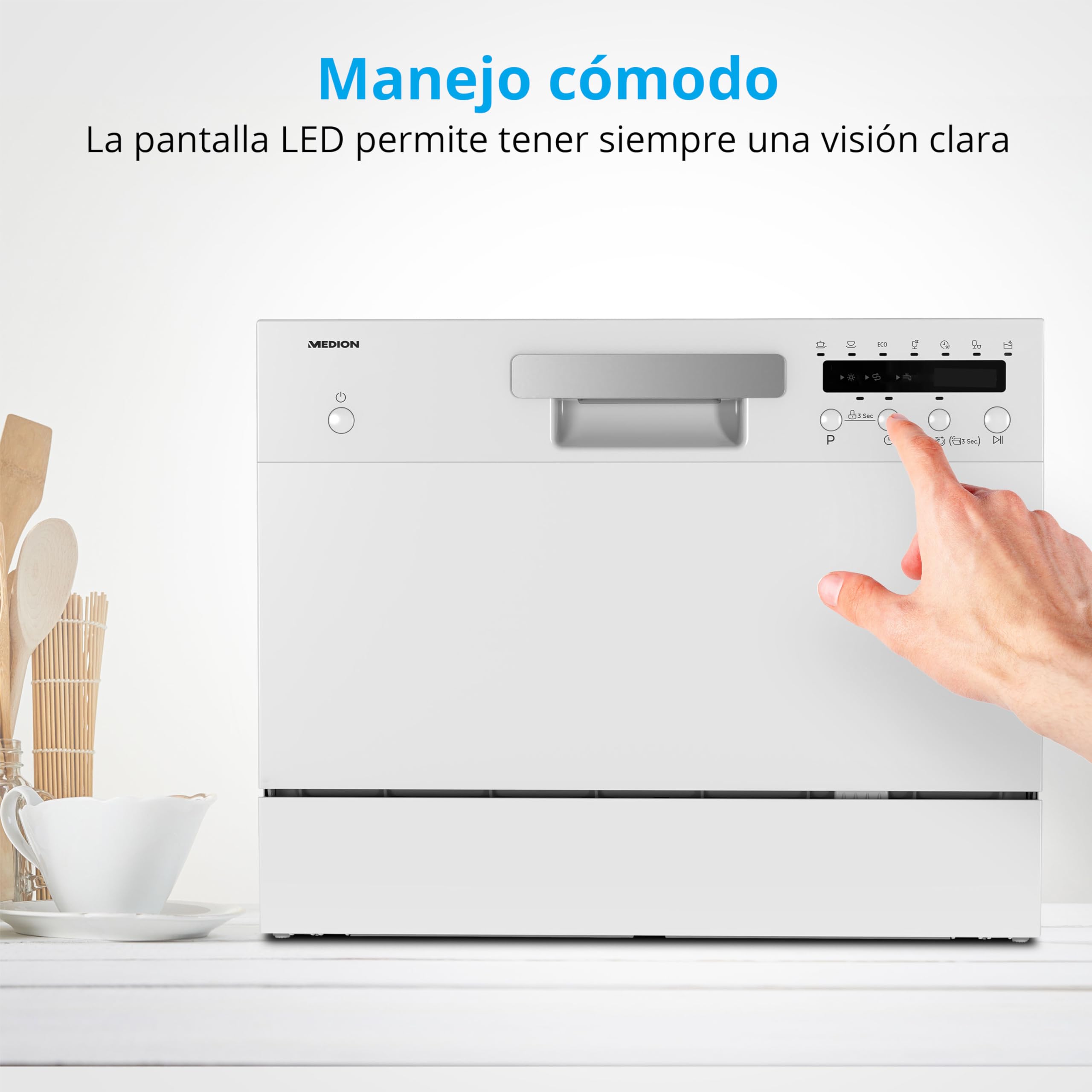 MEDION Lavavajillas de mesa DWT60 (capacidad 6 cubiertos, 7 programas, programa ECO, consumo aprox. 6,5 litros, AquaStop, pantalla LED, bloqueo para niños, MD37496) plata