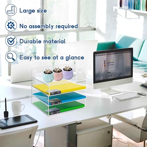 Miniatura 4 de ROTESONNE Organizadores de escritorio de acrílico de 2 niveles, bandeja organizadora de archivos de papel, apilable, accesorios de escritorio