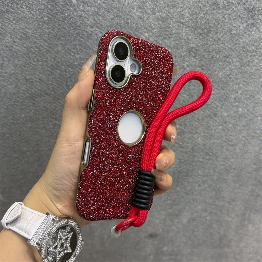 Etui z błyszczącymi diamentami i kryształkami do iPhone'a 12 13 14 15 16 Pro Max Plus, błyszczące, wstrząsoodporne, z paskiem na nadgarstek i osłoną na przewód, czerwone, do iPhone'a 12 Pro