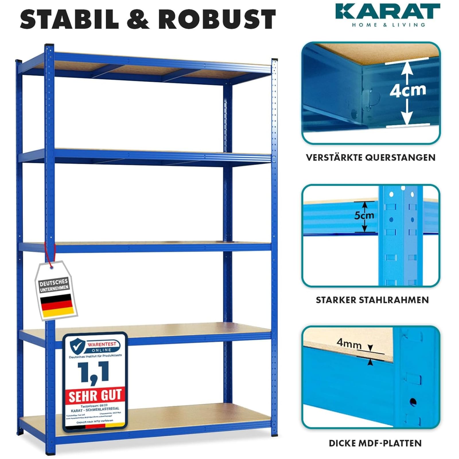 KARAT Estantería para cargas pesadas, juego de 2 unidades, estantería sin tornillos, estantería para sótano, estantería de almacenamiento, 5 estantes ajustables (azul, 50 x 100 x 200 cm)