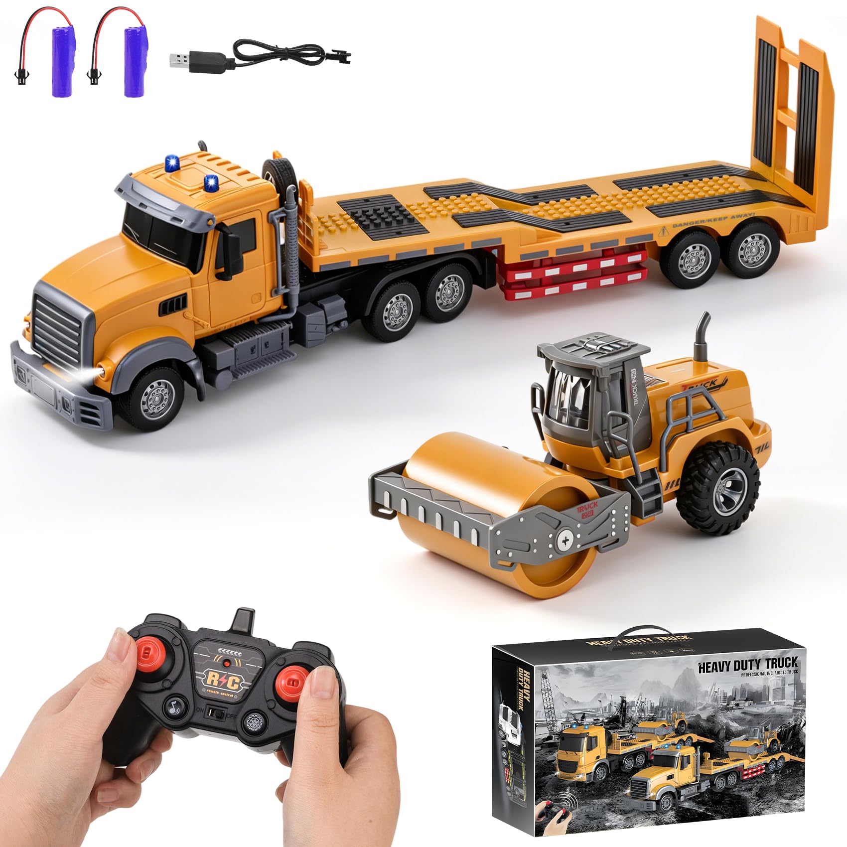 Camión teledirigido con remolque, carga baja de 2,4 GHz, mando a distancia con sonido y luces, semirremolques RC de ingeniería con rodillo de carretera, juguetes para vehículos de construcción