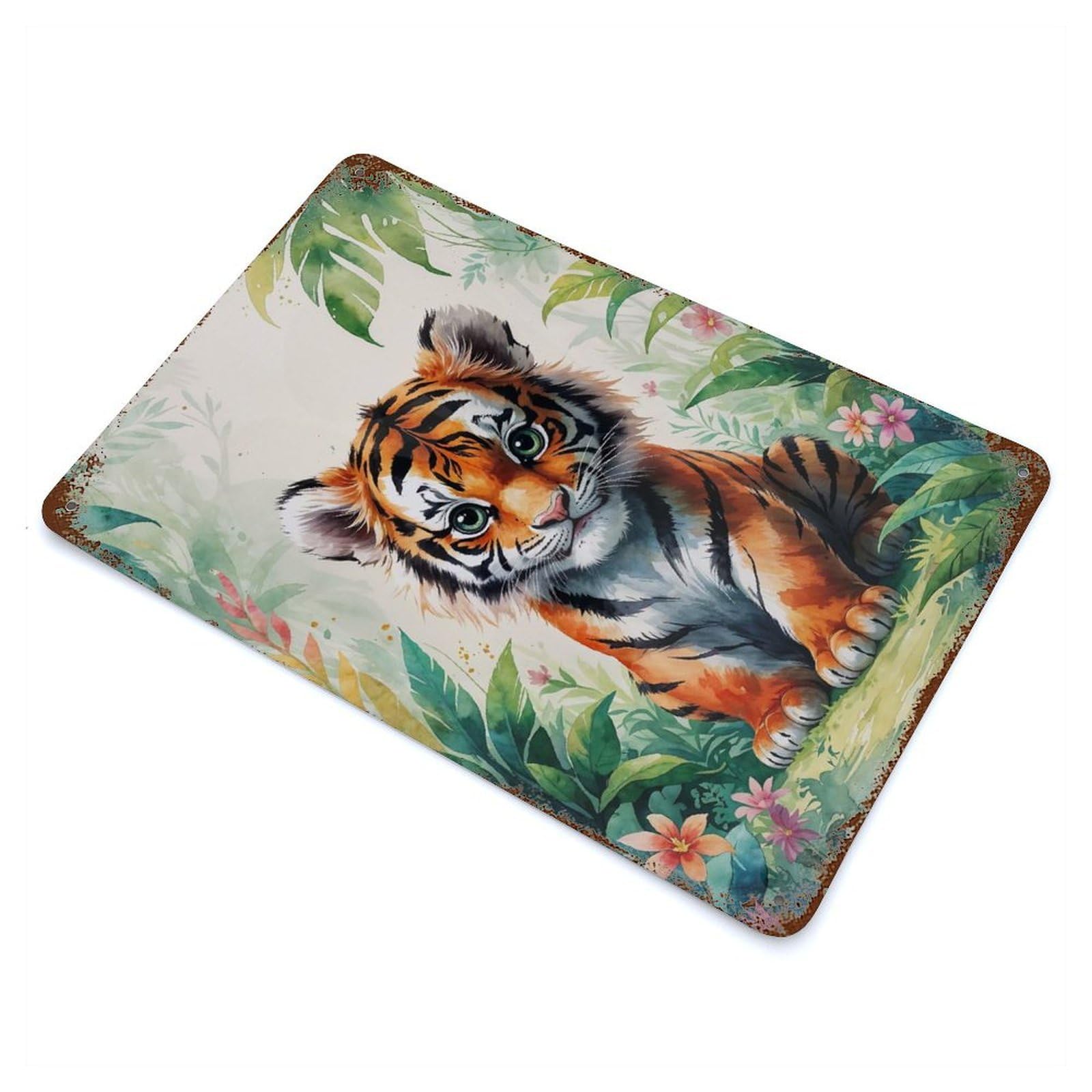 Distressed Metal Wall Sign Cute Tiger Cub Watercolor 11.8"x7.9", Retro Wall Decor for Basement, Hobby Room And Garage Decor