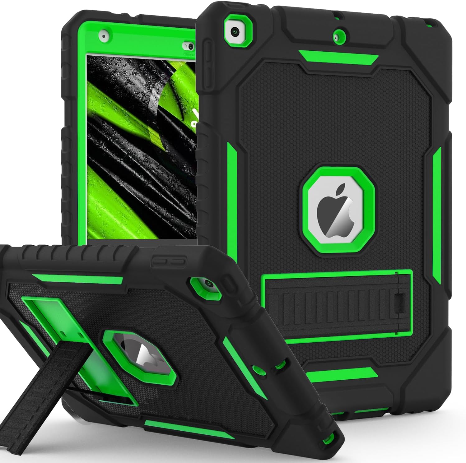 ZoneFoker Case for iPad 9th/8th/7th Generation 2021/2020/2019(10.2 inch), Heavy Duty Military Grade Shockproof Rugged Protective 10.2" Cover with Built-in Stand for iPad 9 8 7 Gen (Black+Green)