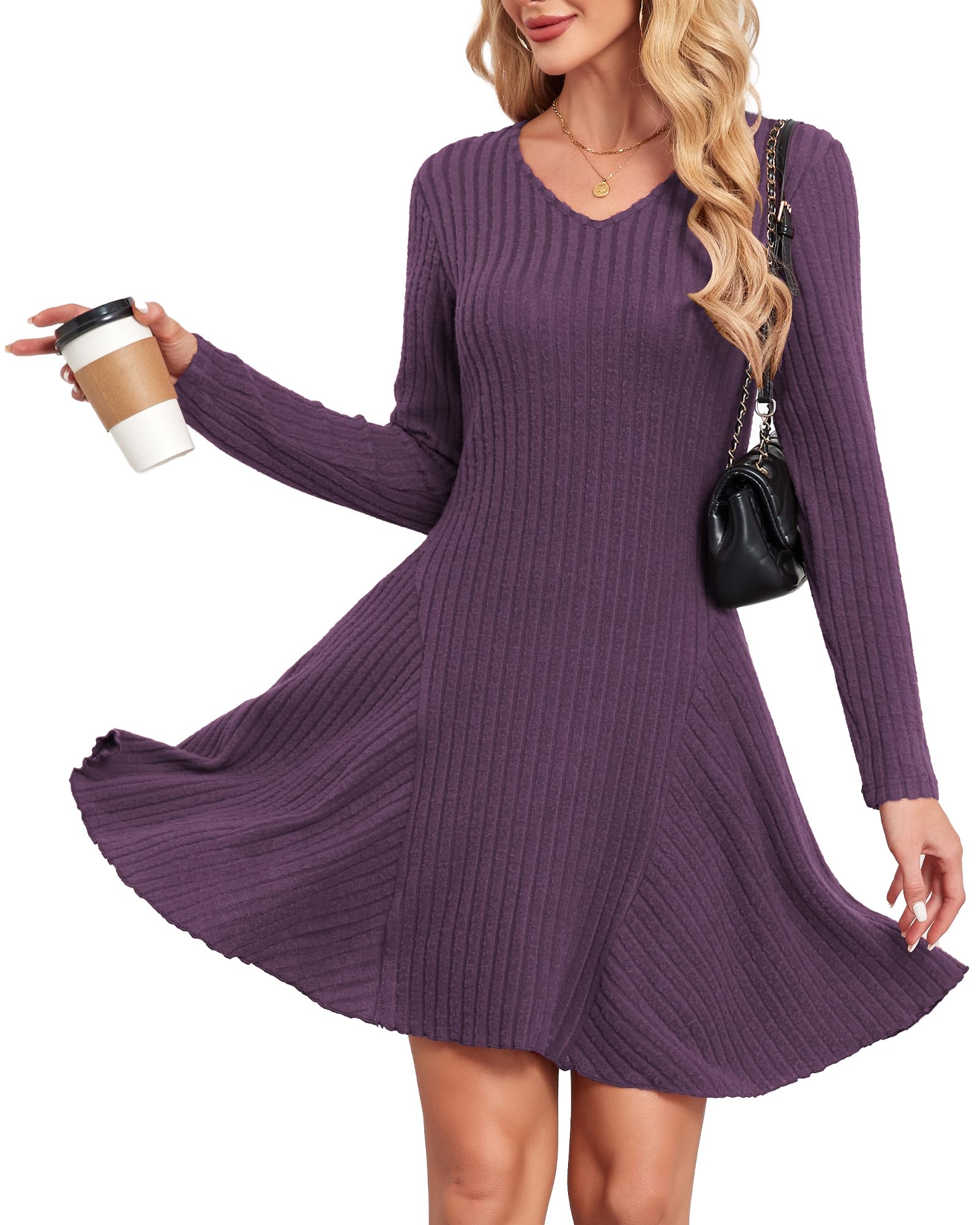 SENBATU Robe tricotée Femmes Automne élégant Pullover Robe Manches Longues col en V vêtements d'hiver