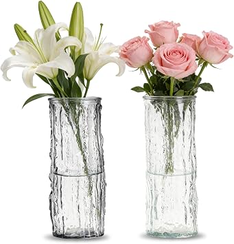 Vases, Set of 2 Glass Flower Vase, Clear Glacier Stripe Glass Vase Flower Arrangement Ornaments, for Centerpieces Living Room Entryway Mantle Wedding Office Table Centerpieces Decor