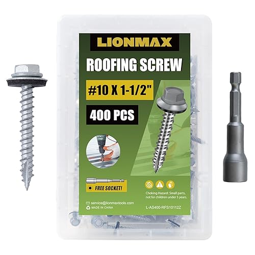 LIONMAX Tornillos de metal para techos #10 × 1 pulgada, 400 unidades, tornillos de techo de chapa de metal chapados en zinc, arandela de goma, punta