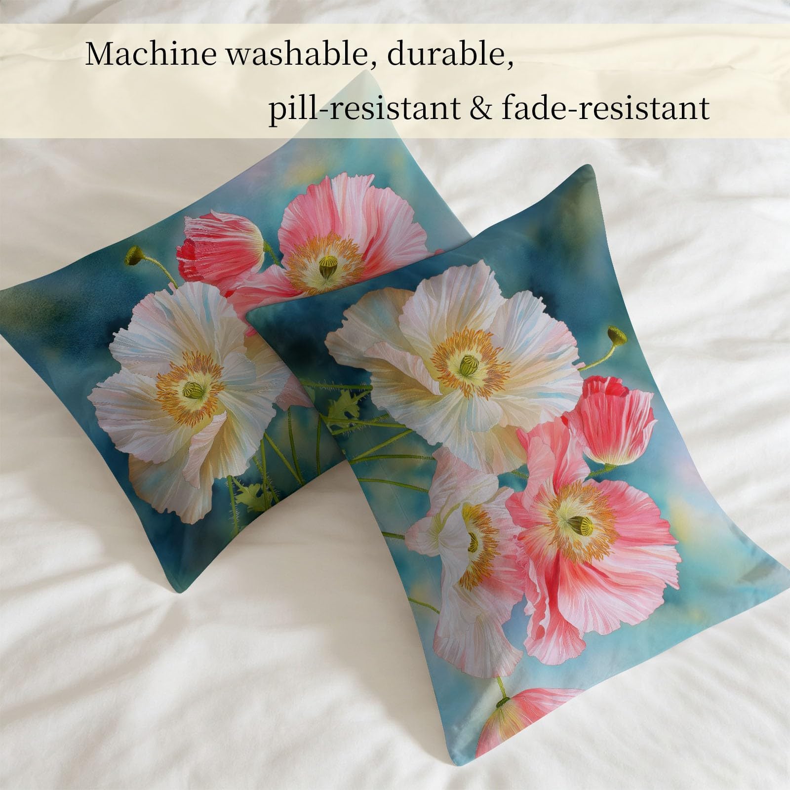 Trapunta senza rivestimento con fiori, papaveri verdi, 155 x 220 cm, 4 stagioni, reversibile, moderna ed elegante, per tutto l'anno, lavabile, calda e delicata sulla pelle, con 2 federe da 80 x 80 cm
