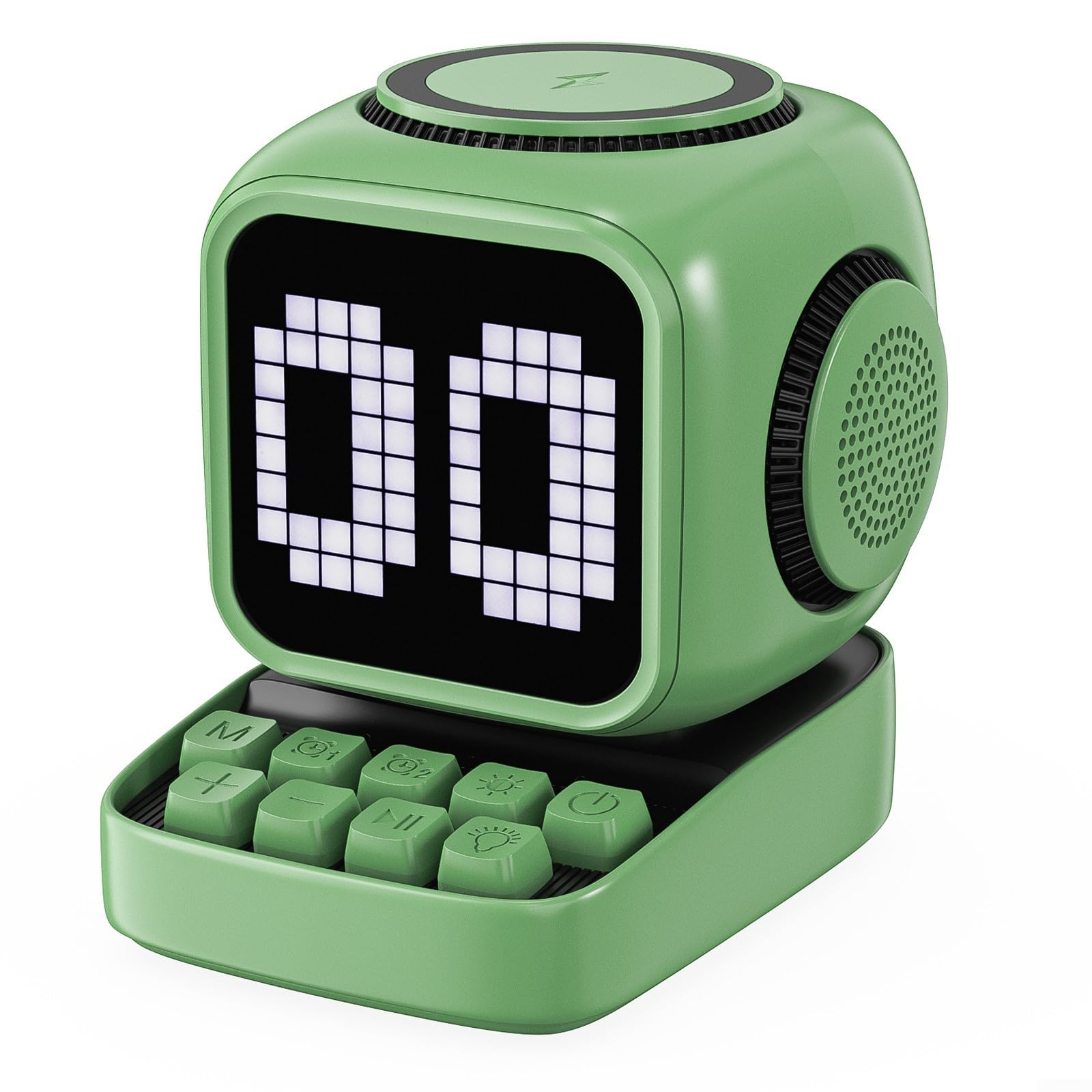 Altoparlante senza fili 10W con sveglia e luci RGB (verde militare) | Suono forte da 10 W, doppi allarmi, pulsante snooze, luci RGB, comodino essenziale