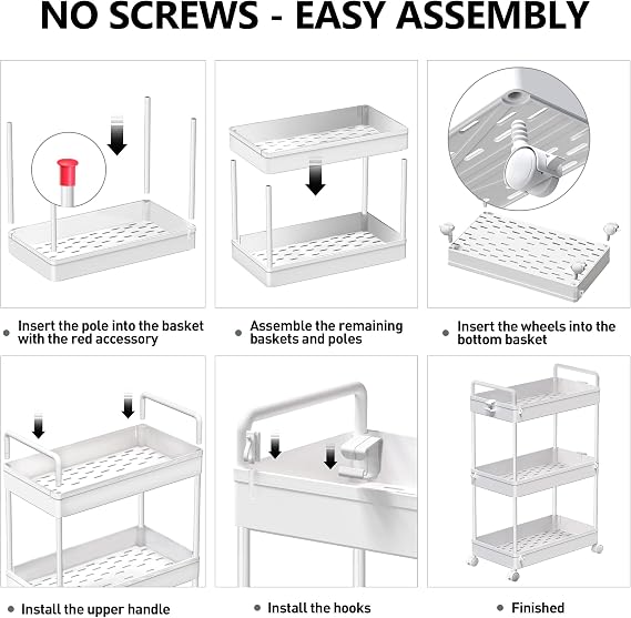SOLEJAZZ 3 Tier Slim Rolling Storage Cart Organizer with Wheels, White