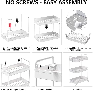 SOLEJAZZ 3 Tier Slim Rolling Storage Cart Organizer with Wheels, White